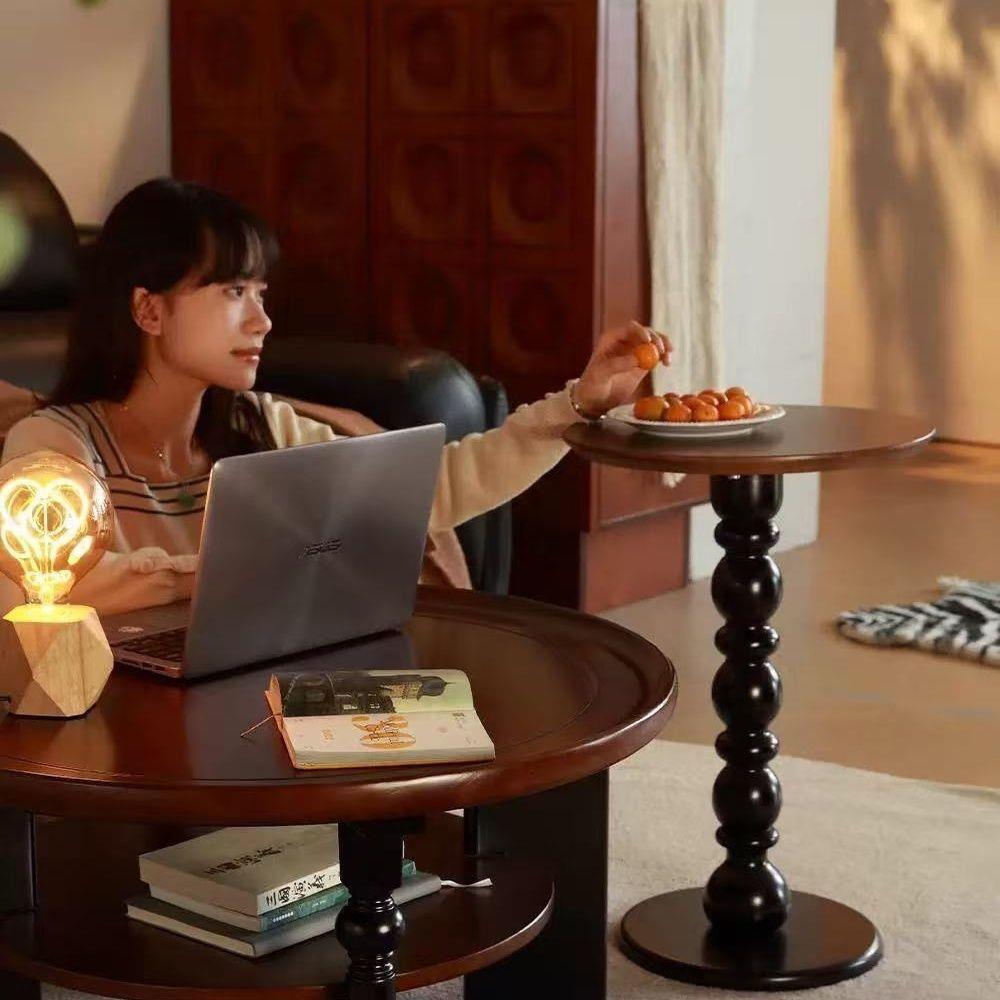 FSR木中古风实茶几圆形法式复古创意茶桌小家用桌子小厅户型客茶