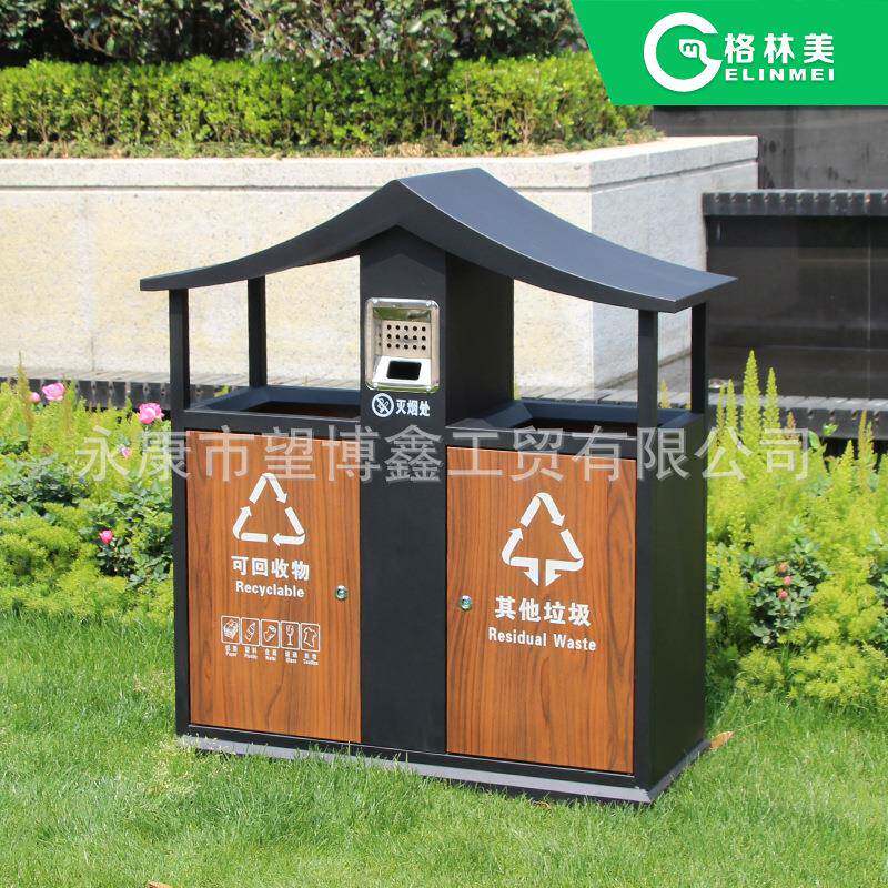 景区垃圾桶户外古典果皮箱两分类垃圾箱国风垃圾筒木纹房石纹双桶