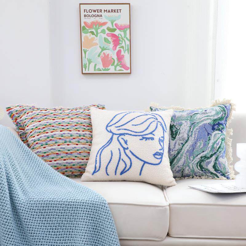 1F77M7JJ6VR艺术蓝流苏抱枕套民沙宿样板间靠垫套客厅P发上靠枕床