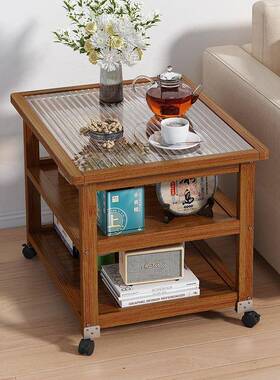 茶水柜带边轮UQQ沙发边柜移动茶车可楠竹几钢化玻璃小茶多功能几