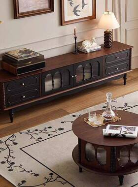 客厅家GEI用落物地诺森电视柜法式复风古木实黑色靠墙一体式收纳