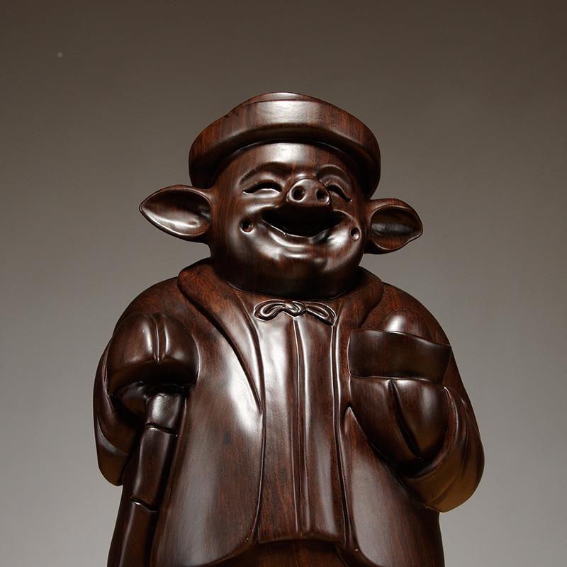 黑木雕新檀式猪先工生摆件动物生517肖猪家居中办公室桌面装饰手