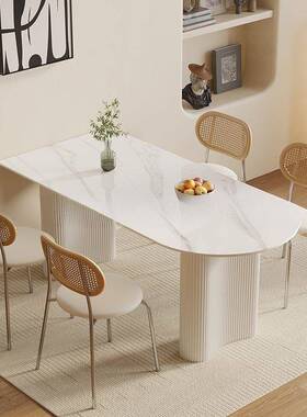 梵炫奶NTX风油纯白岩餐桌家板用轻奢极简精致圆小户型半形餐桌椅