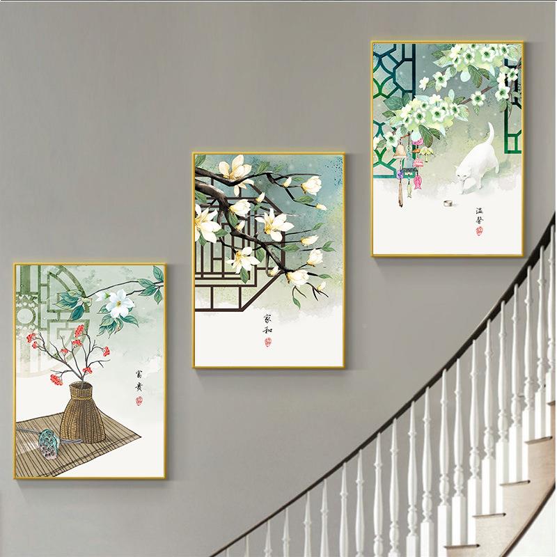 复式楼梯口过间装饰画墙现代简约楼走道三联挂画客厅玄关廊道HLN