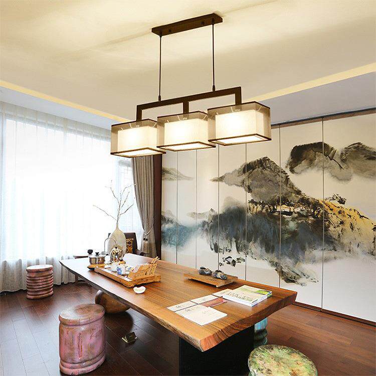 新中式H968台三餐厅吊灯头布艺现代简约吧灯具创意铁艺仿l古长方