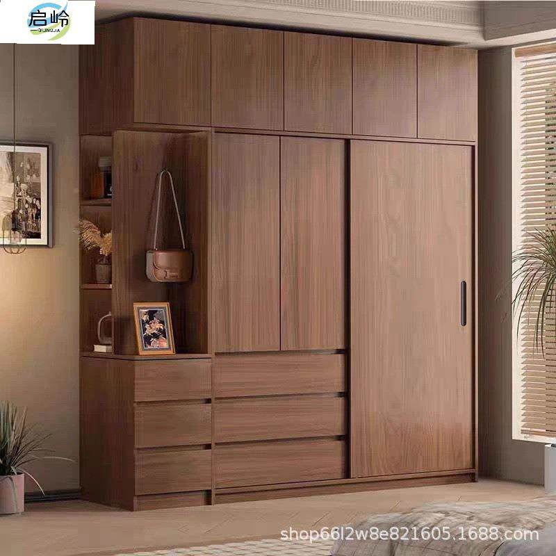 实木衣柜家用卧橡木现简推拉门胡桃色全原木移门室成#衣柜品代大