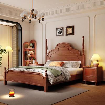 法4090式复古黑色实床1.5m双人床中风式床美轻奢1.8m木婚床主古卧