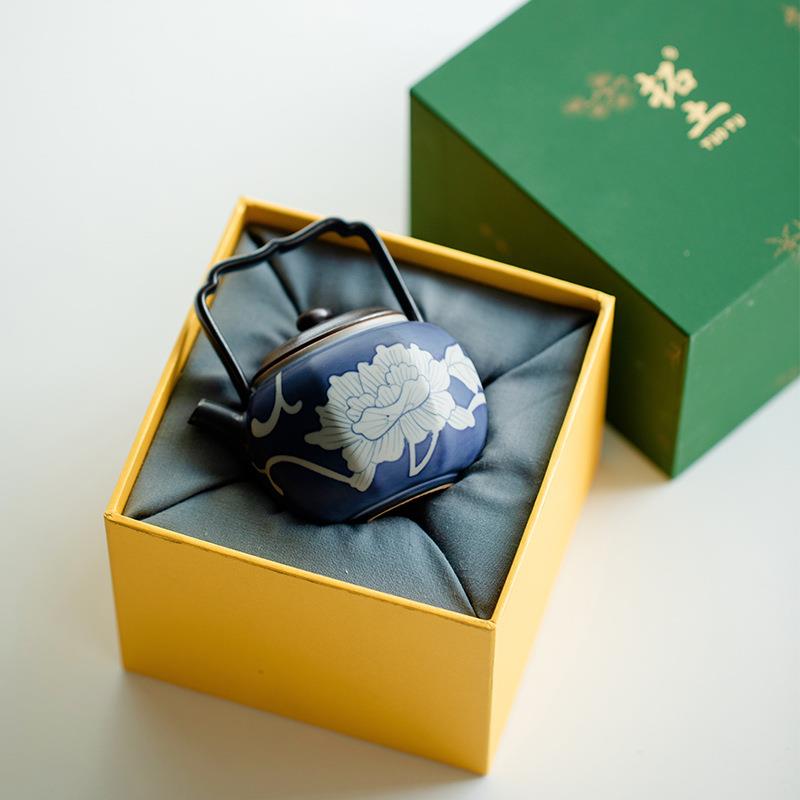 昌朴居纯手HNZ绘壶牡丹八提梁陶瓷方单壶茶壶壶带过滤泡茶冲茶