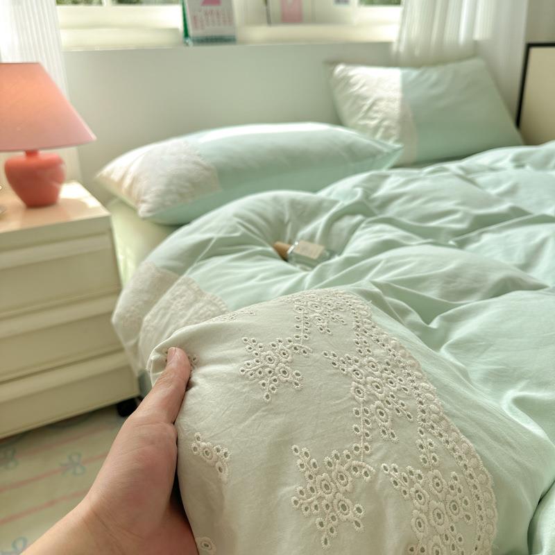 2色02新款法式5丝蕾DYT小花边纯三件套学生宿舍床单被套水洗棉四