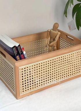 复古藤色编收纳筐厅玩具书本置物筐黑储篮桌物面木质竹编客YXO收
