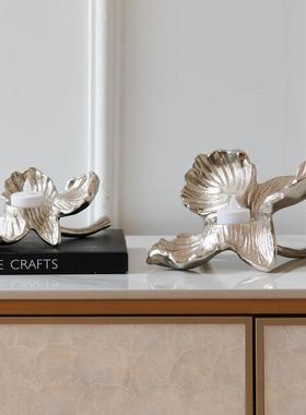 现代轻客奢金色花型铝银制烛HJO台摆件家居厅餐桌样板间蜡烛台装