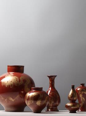 博中KRS红色花瓶梅瓶玉壶春瓶葫芦古瓶创意插花装饰品式架陶瓷摆
