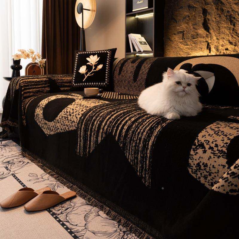 轻奢高级感套沙发通盖布四季用现代简约全黑色沙发450235巾一整张