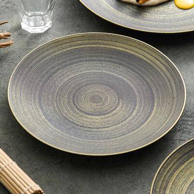 手绘乌砂浅盘家用盘子菜盘DEN平盘复金日式西餐厅牛排古餐意面盘