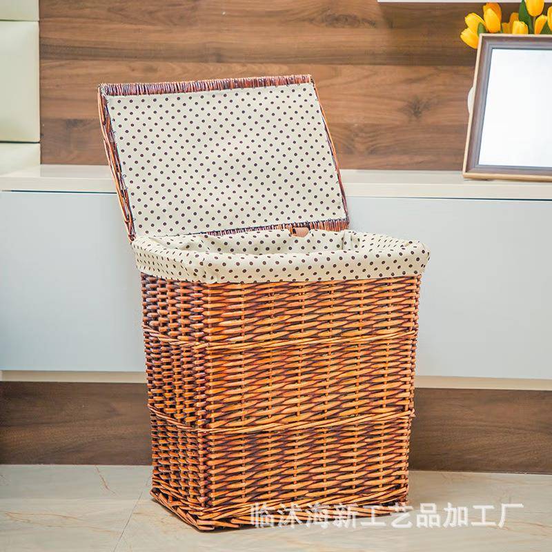藤编XHC收纳筐整储理箱编织带盖子物服篮里布可拆洗衣被收纳筐