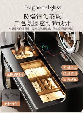 法式复古梳妆DRJ台卧室中风用家靠墙实木脚美化式黑色古妆桌玻璃