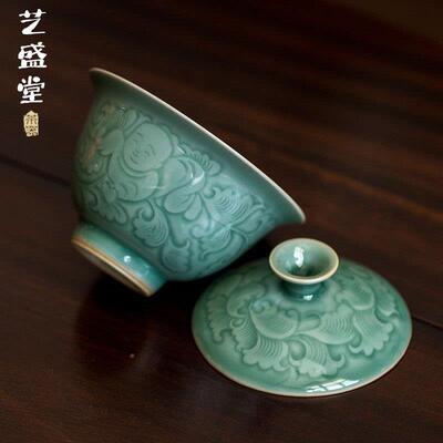 越窑青浮莲三雕缠枝盖碗家用不烫手才EES盖碗中式泡茶碗瓷茶具