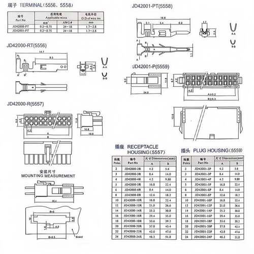 4.2接插件555/5569-2Y(1*2Y)公/壳3/46/8P公母对EZS插连接器1000/