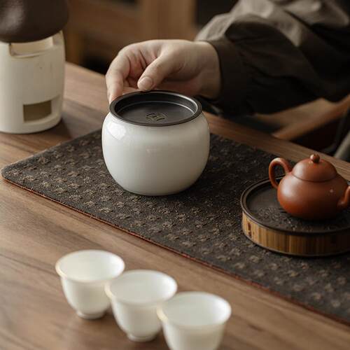 澜羊脂玉瓷茶皓缸建水带茶MC-GW000盖家用白瓷渣桶储水陶瓷茶盂废