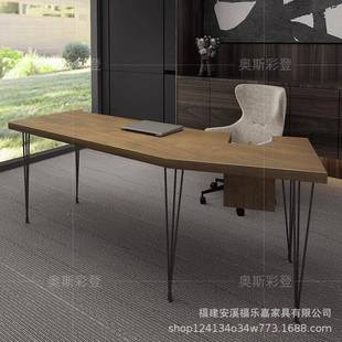 lof实性木老板桌办t公室个弧形单人书桌创意FLJ11578原木电公脑桌