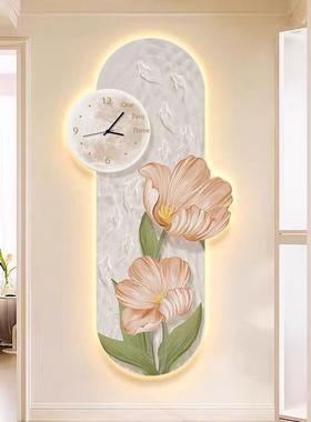 风奶油意WLQ玄关钟表装画入户正对门挂钟新款创立体花朵时钟灯饰