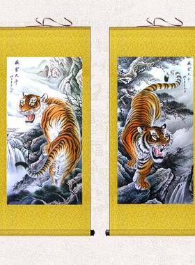 国JY202112画老虎画挂画客厅办室招财上山虎公丝绸卷轴画下虎玄关