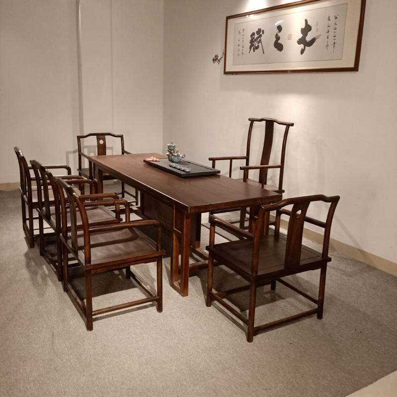 代新中式黑胡桃木茶组合实木屏风桌桌办XWO公椅室喝茶桌现简约泡