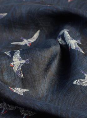 纯苎麻布料印花物植染国中62837汉风花卉袍子服旗袍帘布面料