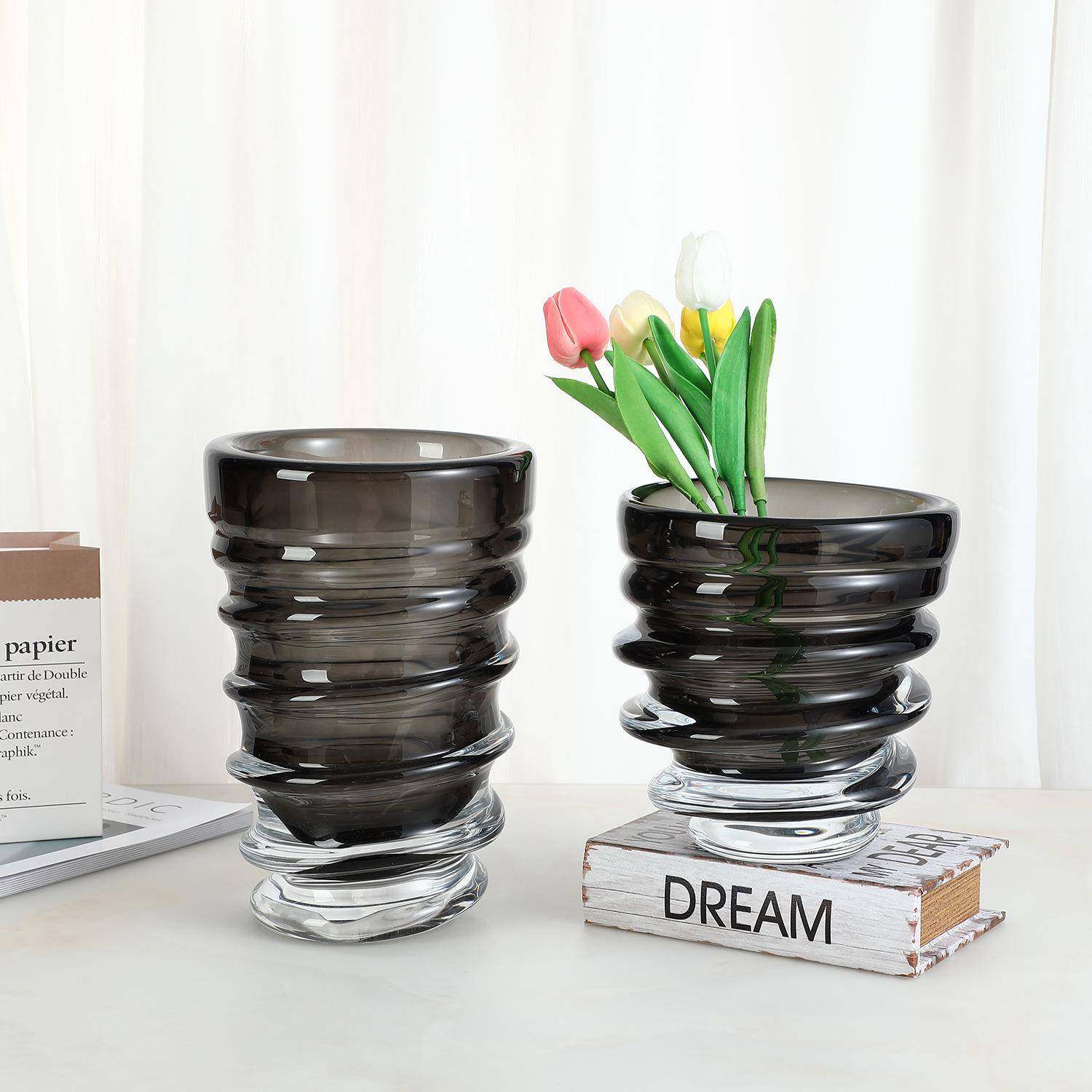 盛花简约灰色螺旋纹玻璃花瓶加重加厚插花器客厅样板间摆饰,纺织面料/辅料/配套,纺织机械配件,淘宝优惠券,粉丝福利购,淘宝优惠卷