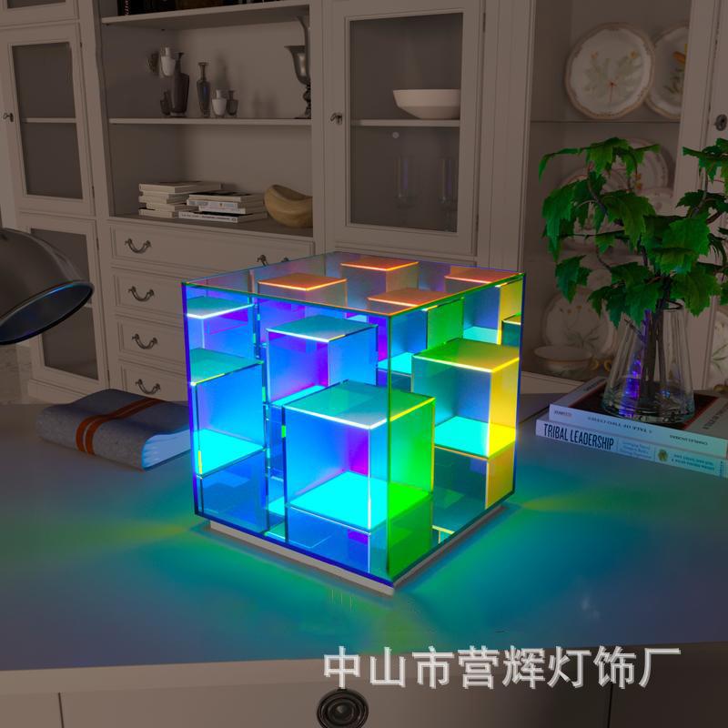 L厂家跨境创意亚克力灯正方体E33D台彩色灯魔方盒装饰氛个性围台