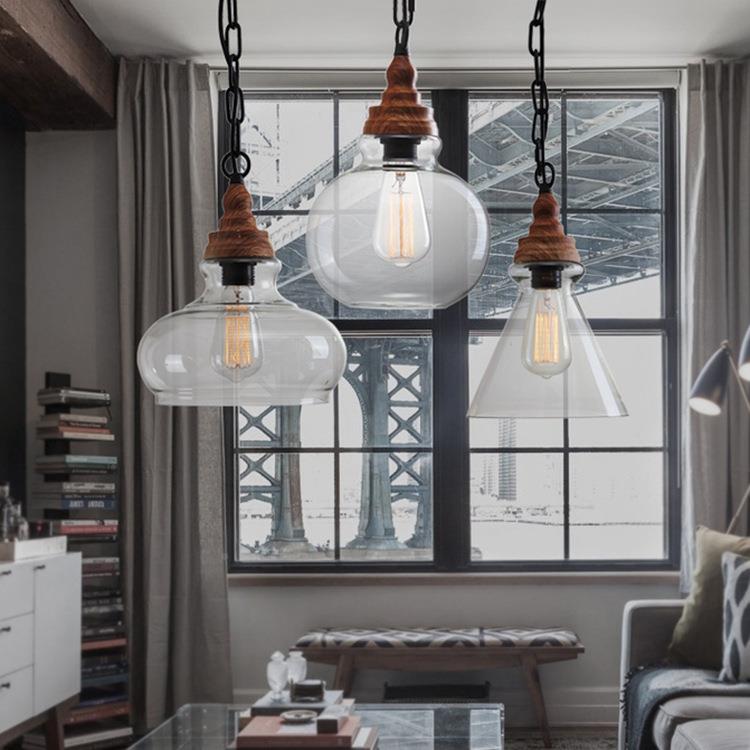 后代简约北台欧木纹玻吊灯单现头创意2589复古美式璃吧饭桌咖啡餐
