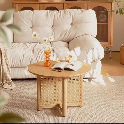 藤编日式几原木小户型简民宿木家用客NRI实厅阳台圆形约茶桌子茶