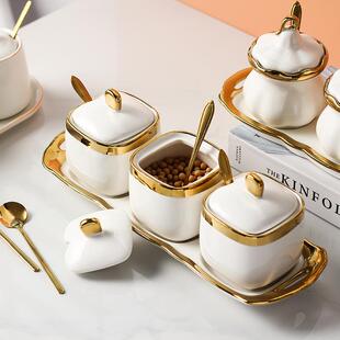 详咨询客糖悍乐欧式轻奢白色边陶金瓷盐北罐调料罐套装调料调味瓶