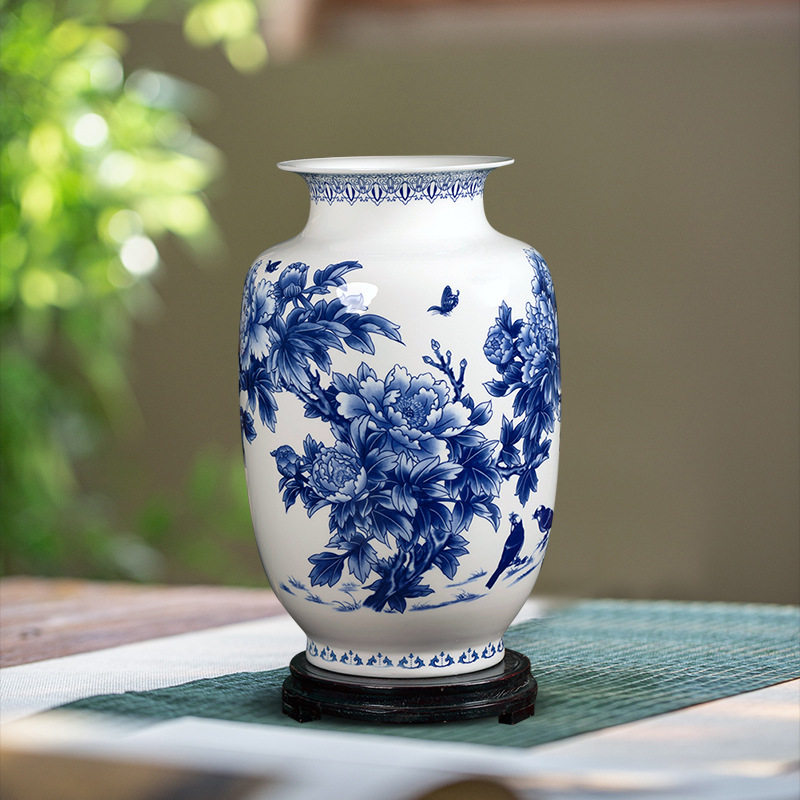 景德镇陶瓷器摆件中式客厅酒柜青花骨瓷薄胎小花瓶工艺品装饰花插