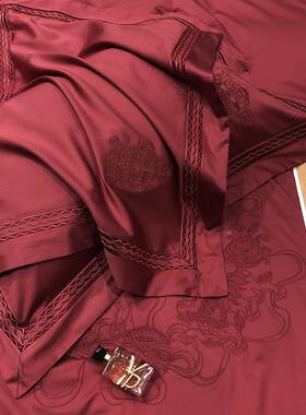 欧式120支绒棉件套F7666T5M纯棉婚庆贡缎刺酒红长色床上四用绣品