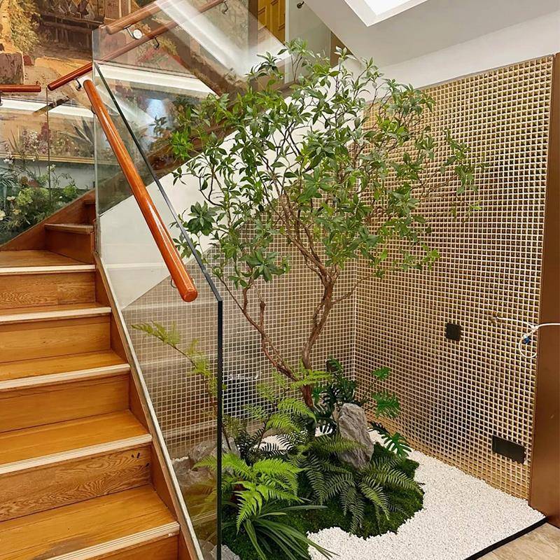 简约轻奢仿真马UWK醉假树木绿植室造景内楼梯转角橱窗下落地景观