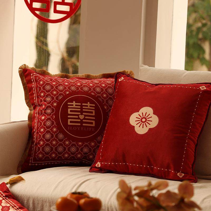 婚喜字抱枕沙发客厅轻奢感中式结HY689r4t古复婚房婚庆红靠色枕可