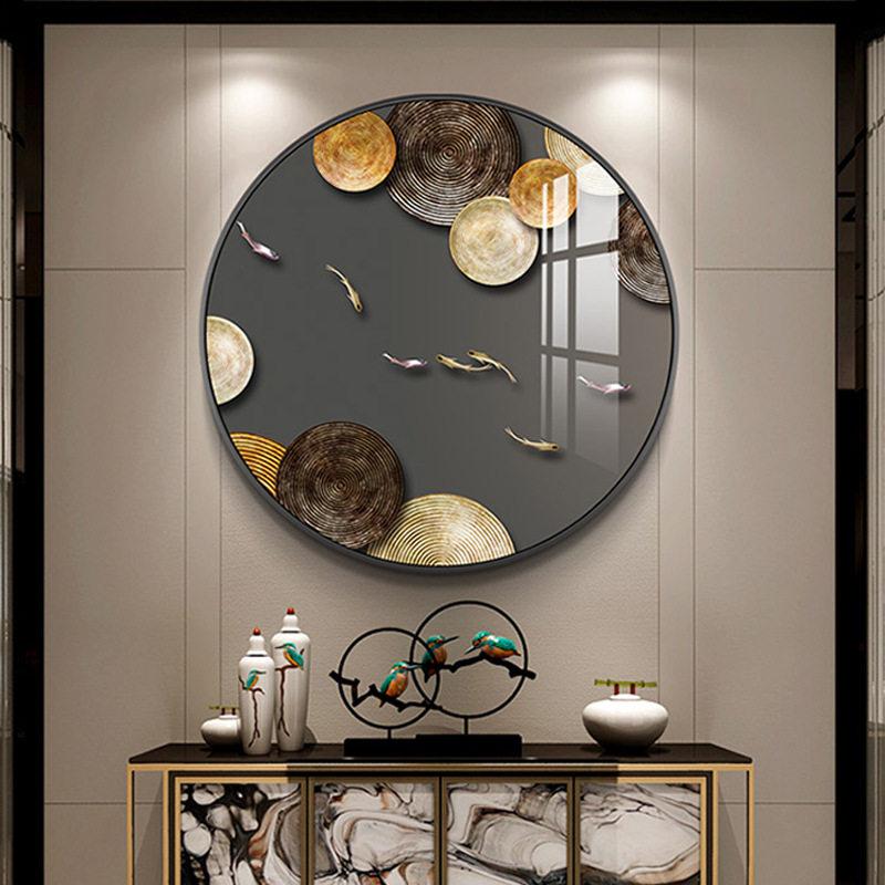金色年华 新中式轻奢玄关画九鱼图过道走廊装饰画平安招财圆形画