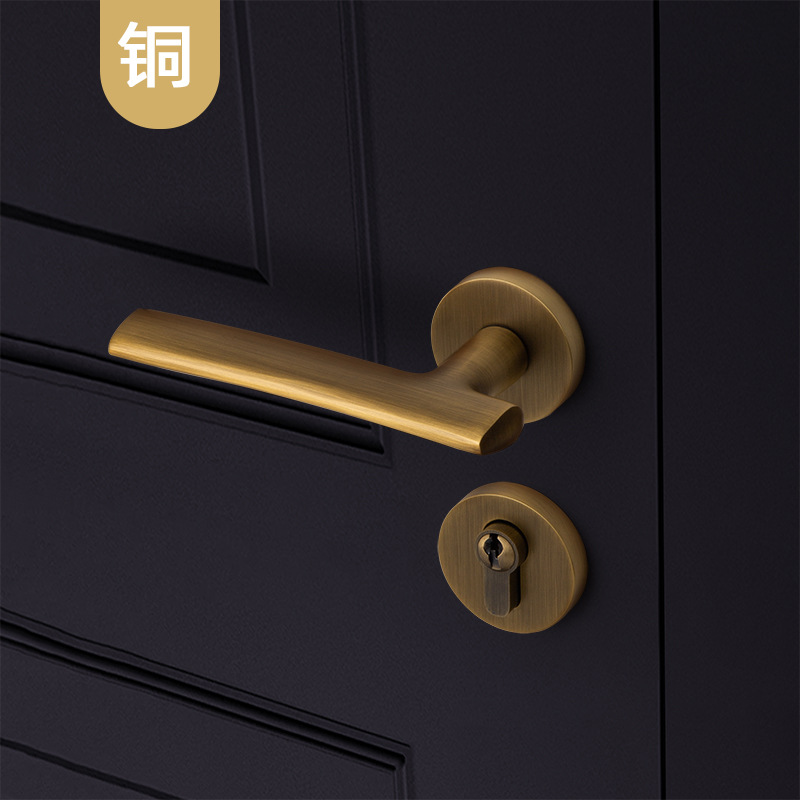 工厂直售 黄铜卧室门锁轻法式纯铜门把手 室内简约分体静音木门锁