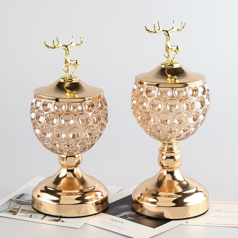欧式透明玻璃糖果罐烛台金色电镀麋鹿客厅茶几装饰摆件首饰收纳盒