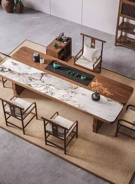 0新中式木岩板茶台225新款高端氏美学家实具轻奢喝USV茶宋桌椅组