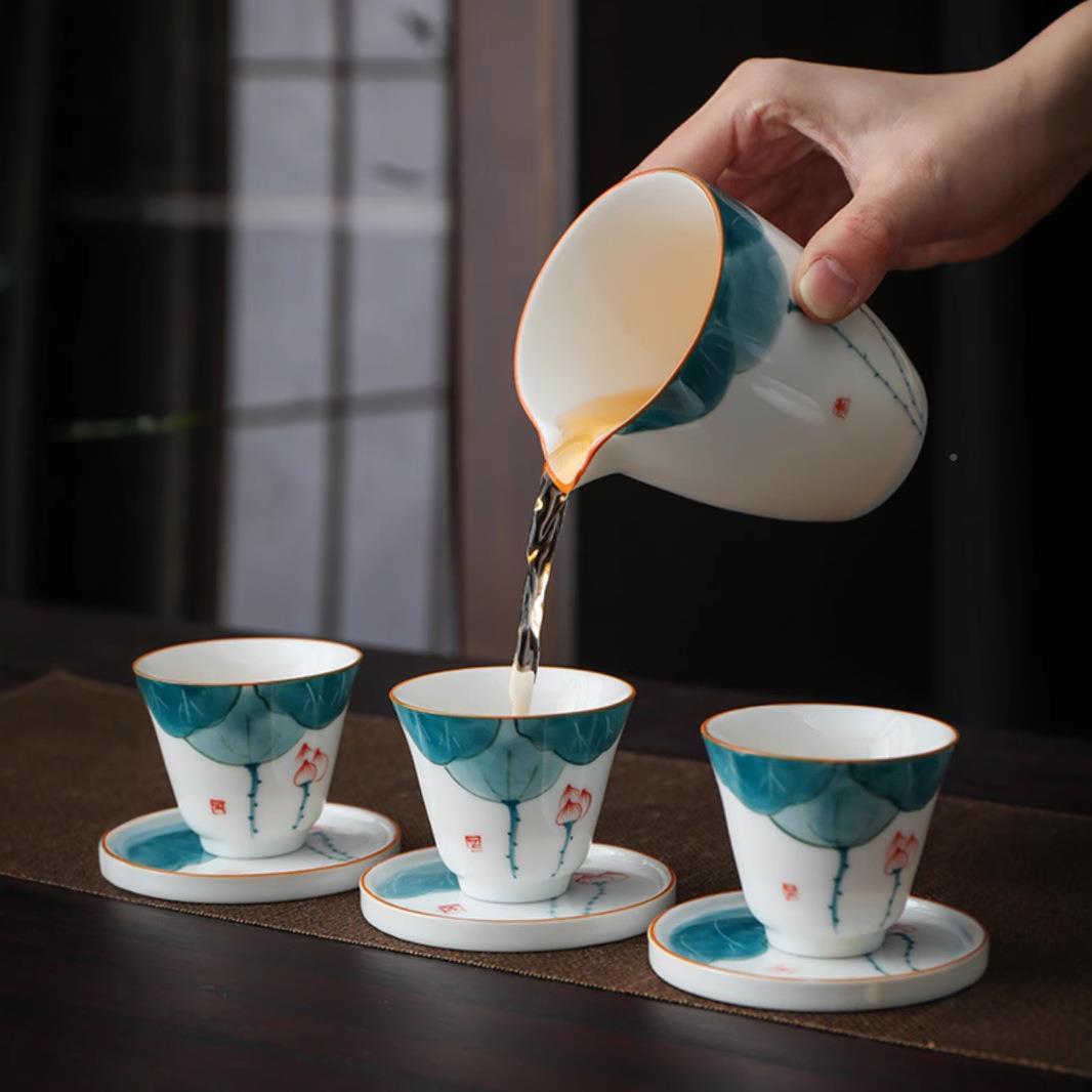 手韵绘荷茶具套装KTK泡茶陶瓷整套家用茶茶艺工具高盖碗茶壶档简