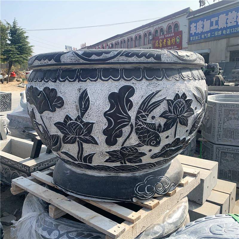 鱼石雕鱼石头庭院圆形装饰摆件水缸缸青荷花XAH养花盆石仿古超大