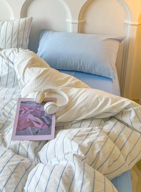 2052新款全棉色织ABZ纹提花水洗四棉件套蓝色条纹被套条床单三件