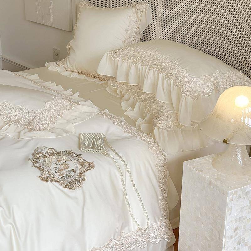 法式奢140支长绒棉四件全轻纯棉蕾AOR丝花边公主套风床单棉被套床