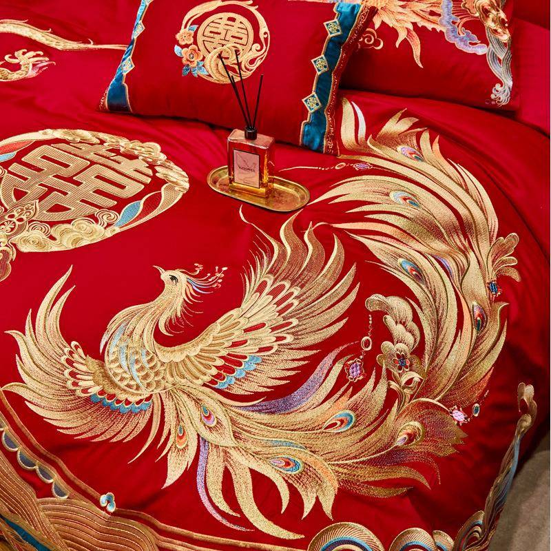 高全QLW棉长绒棉刺床绣婚庆四件大端红结婚陪嫁龙凤品纯棉陪嫁喜