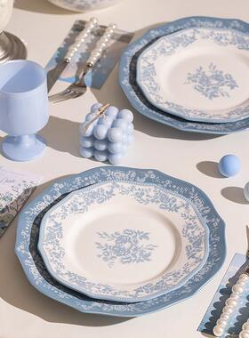 复古蓝色花卉碗碟套装深家用陶瓷碗盘碗餐具新款饭设汤面碗WHY盘