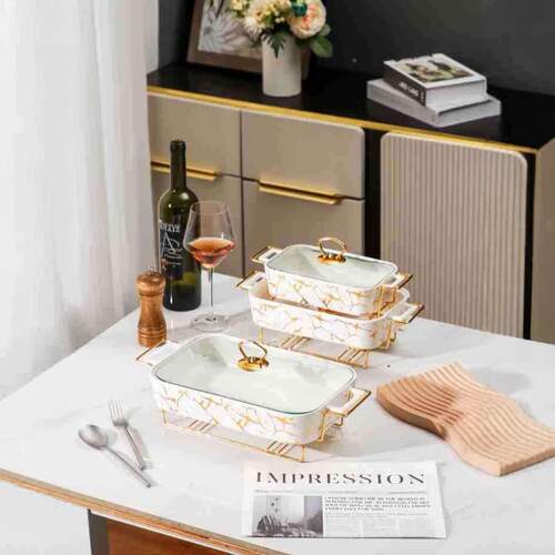 SQL双耳陶箱瓷理石大盘纹黑白烤盘家用酒店餐厅长方形烤北欧带盖