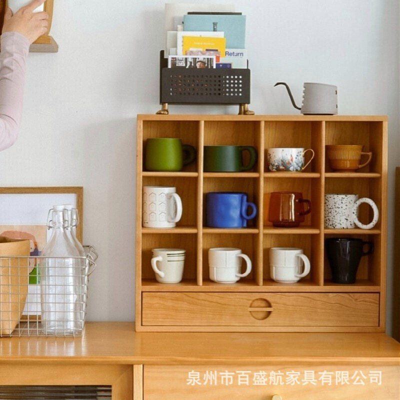 北欧实木杯子置物架家用客厅带抽屉收纳柜咖啡店多格子展示柜储物