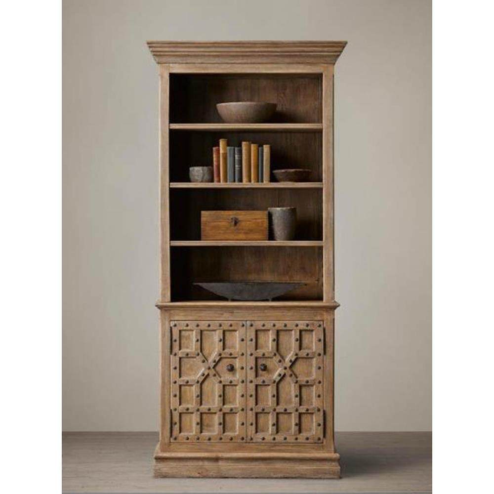 RH出口外贸美式橡木仿古实木书柜玻璃门法式做旧餐边柜双门置物柜